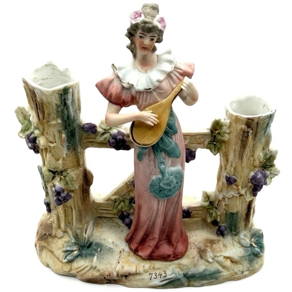 Antique German Bisque Lute Player Figurine Double Spill Vase Grape Vines‎ c.1900